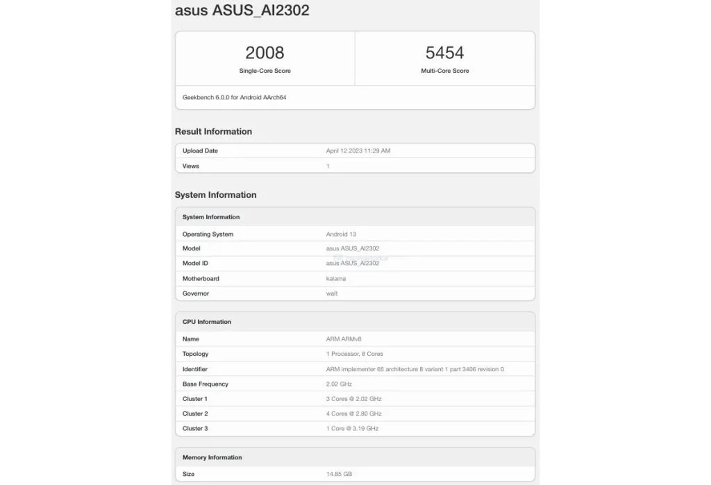 geekbench du asus zenfone 10