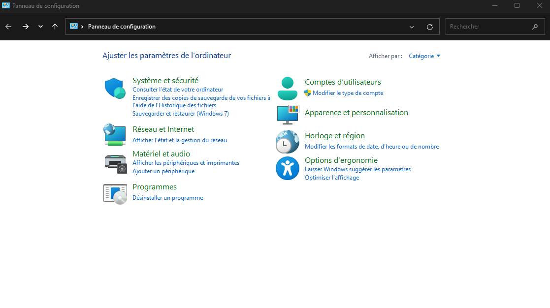 Panneau de configuration Windows