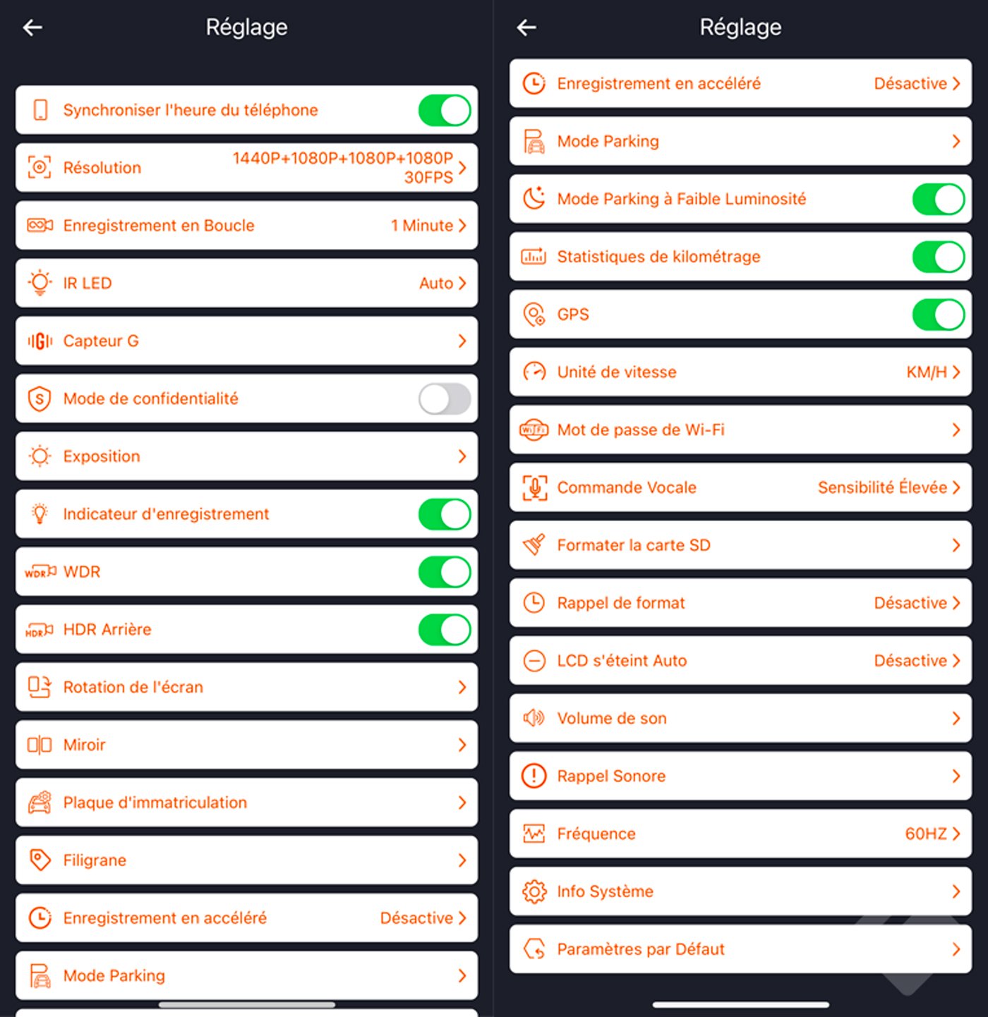 Test Vantrue Nexus 5 - réglages disponible application
