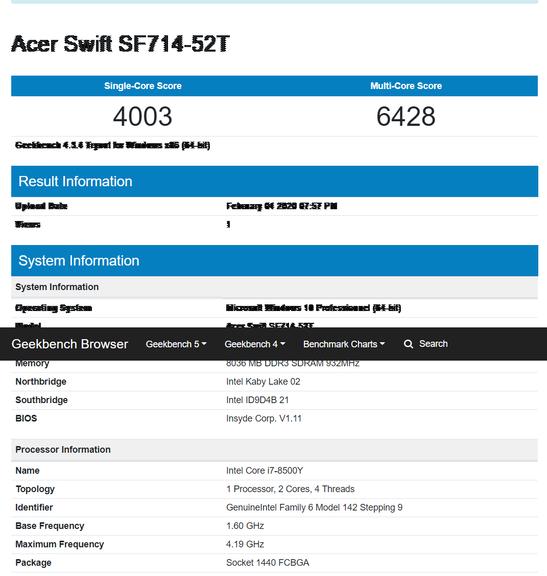 acer swift 7 benchmark geekbench