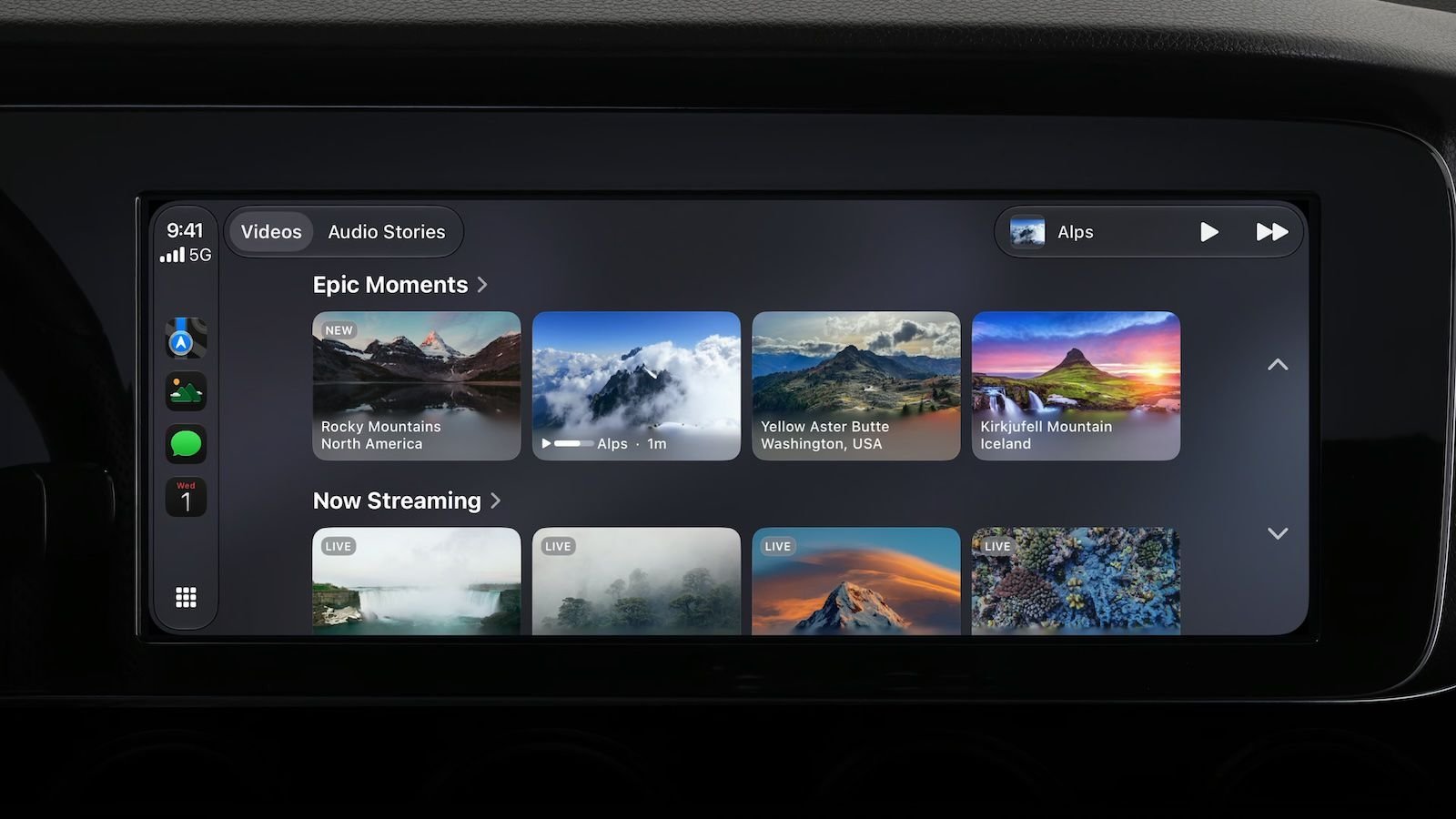 CarPlay iOS 27 avec application vidéo AirPlay affichant contenus streaming en voiture