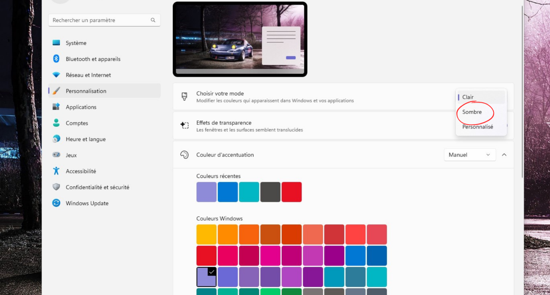 comment mettre mode sombre dans windows 11