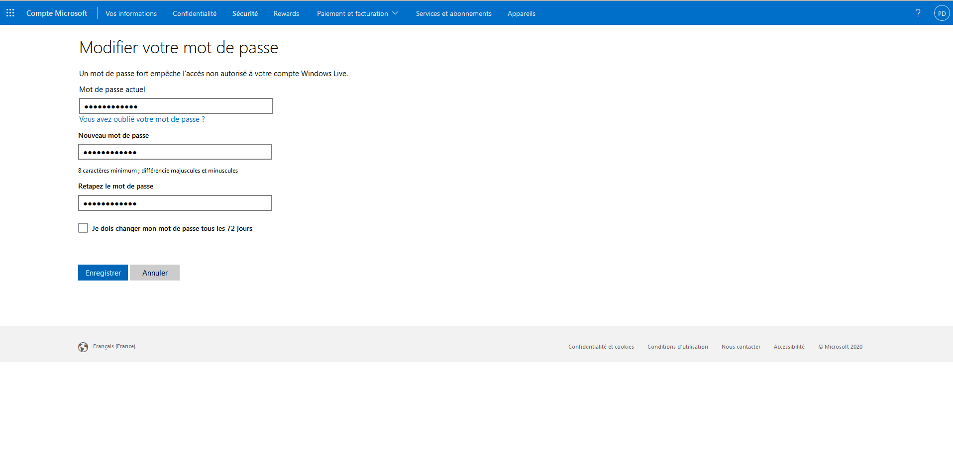 changer le mot de passe outlook