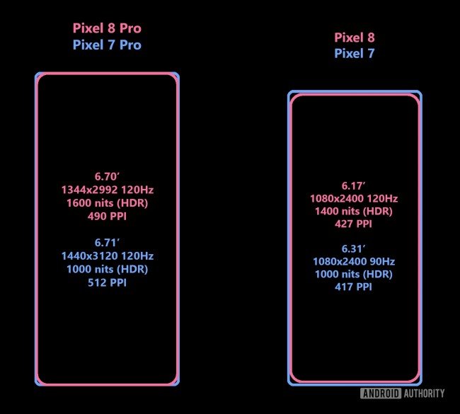 détails de l'écran des PIxel 8 et Pixel 8 pro