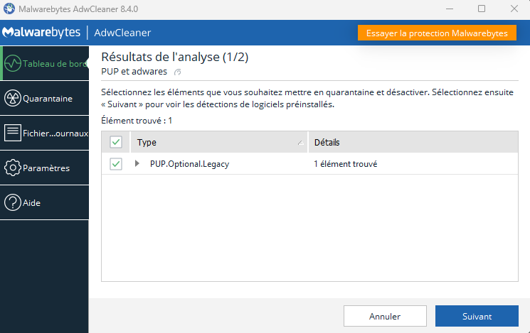 éléments indésirables trouvés ADWCleaner