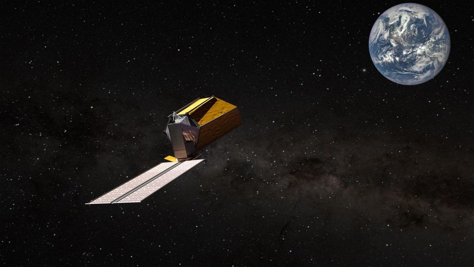 Télescope spatial NASA Habitable Worlds Observatory avec la Terre en arrière-plan