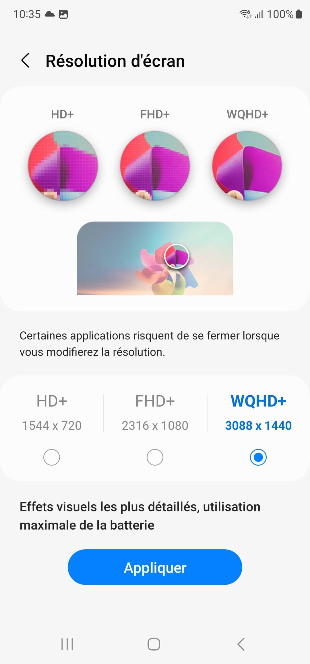 choix des resolutions d'écran du s23 ultra