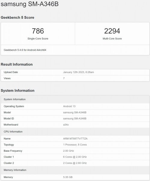 Geekbench du Galaxy A34 5G