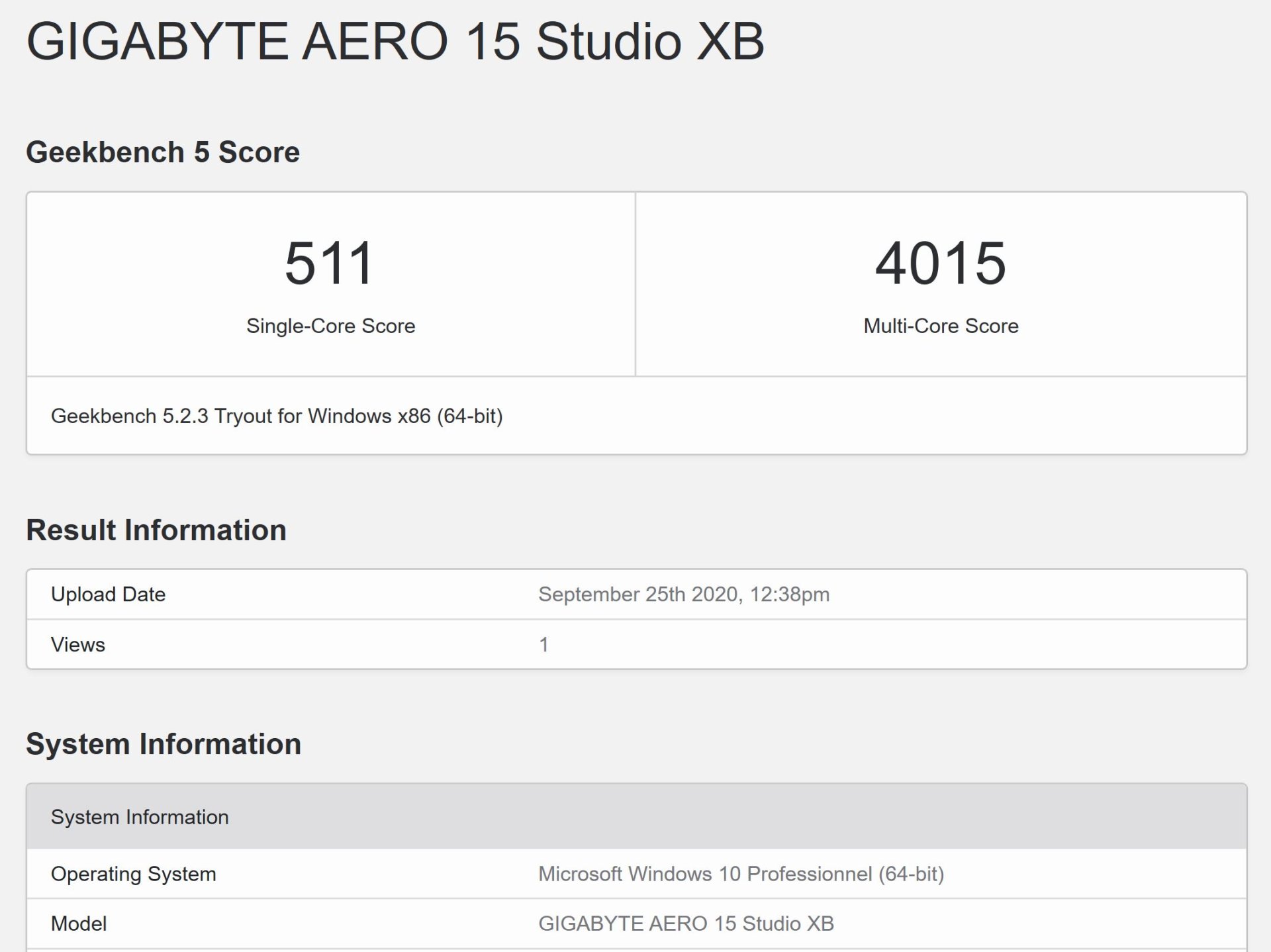 geekbench gigabyte aero 15 oled