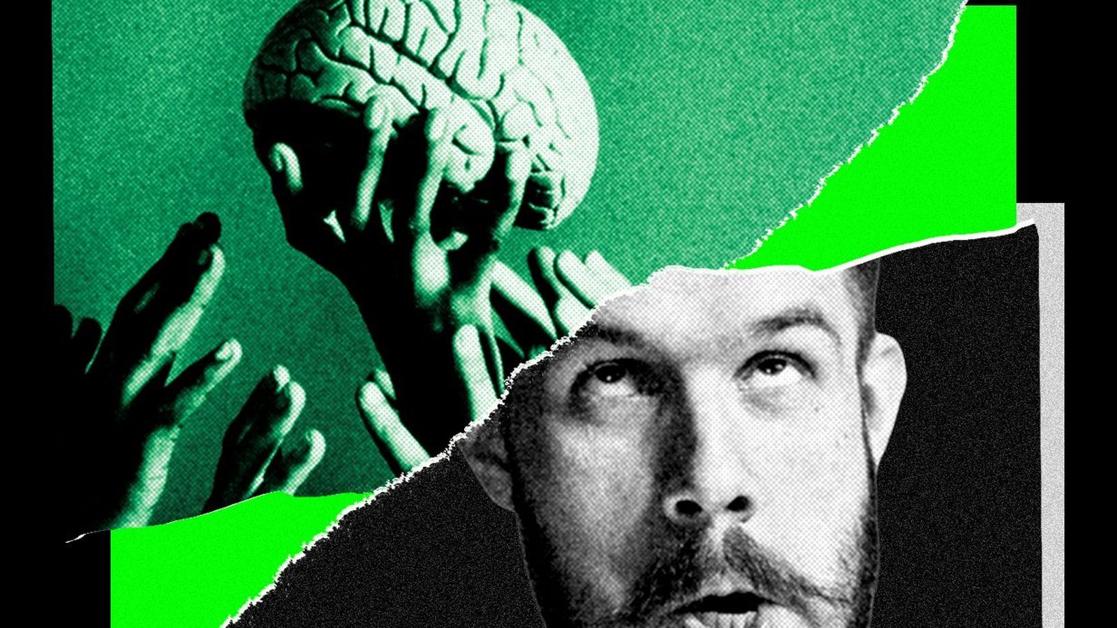 IA et déclin cognitif — cerveau humain convoité par des mains, homme stupéfait