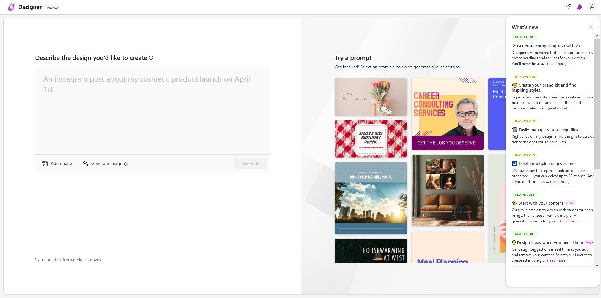 interface de microsoft designer
