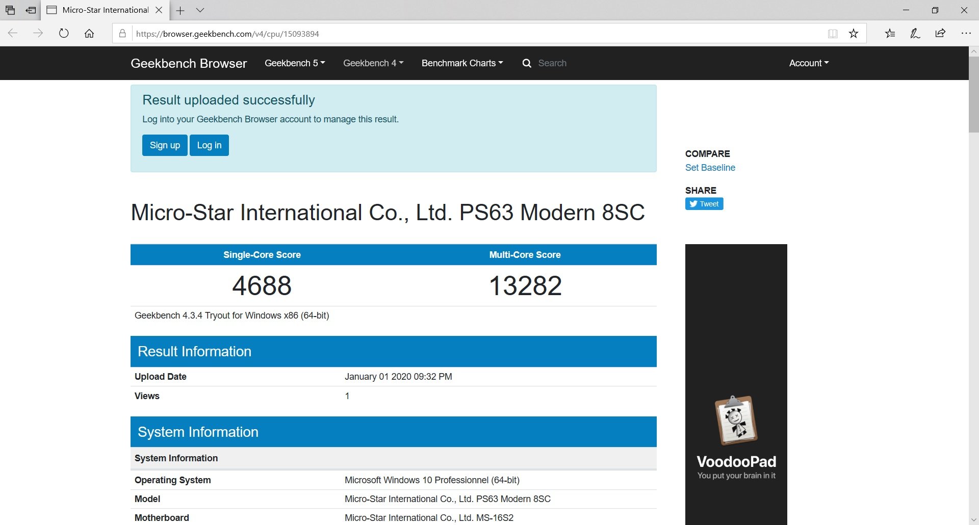 msi ps63 geekbench test