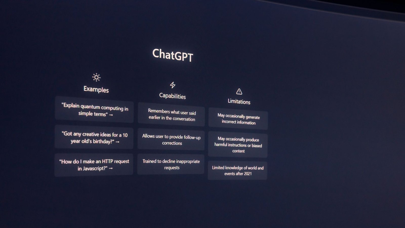 Interface ChatGPT exemples capacités et limitations sur écran