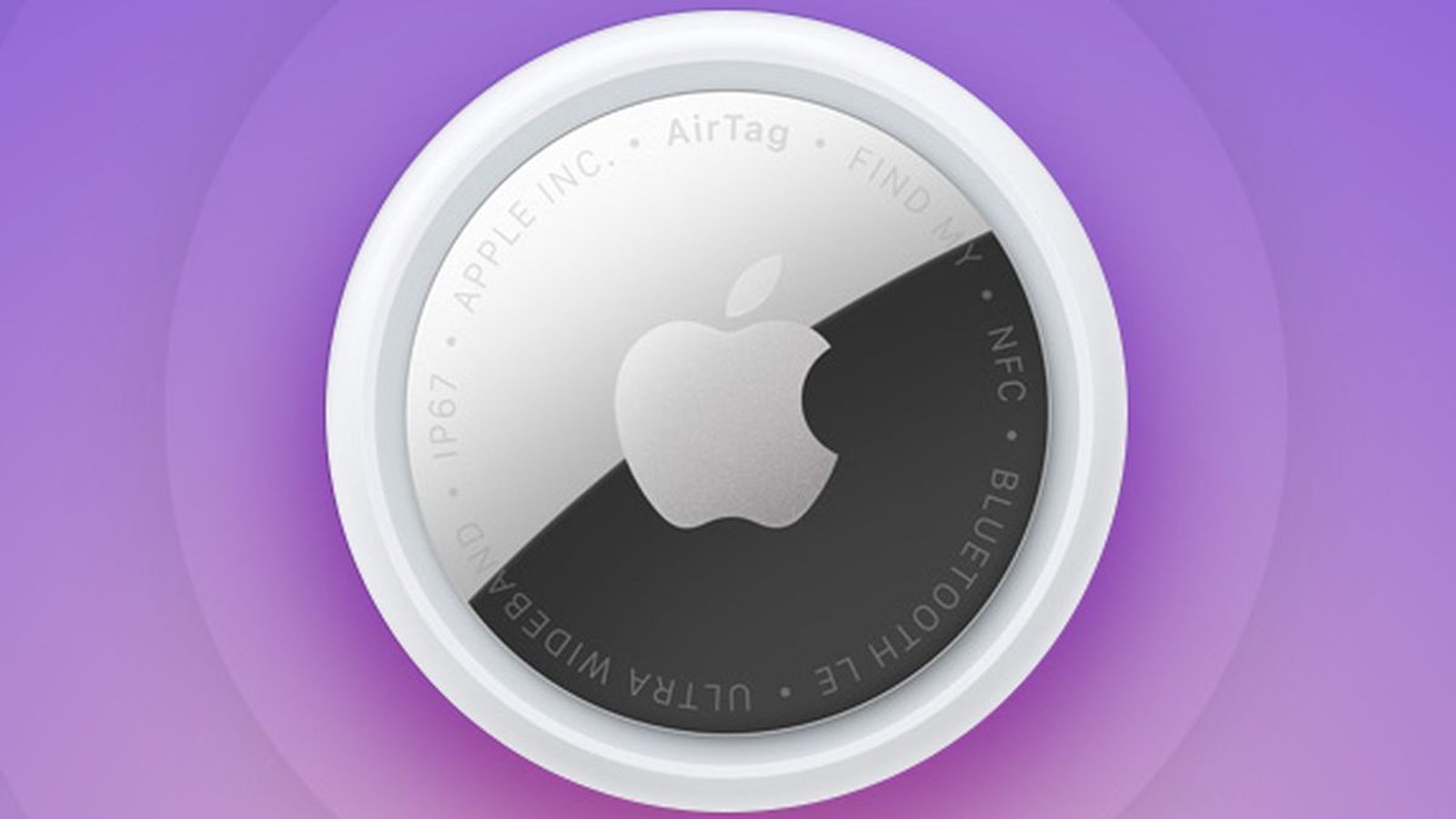 Apple AirTag pendentif circulaire IA avec technologies NFC et Ultra Wideband visibles