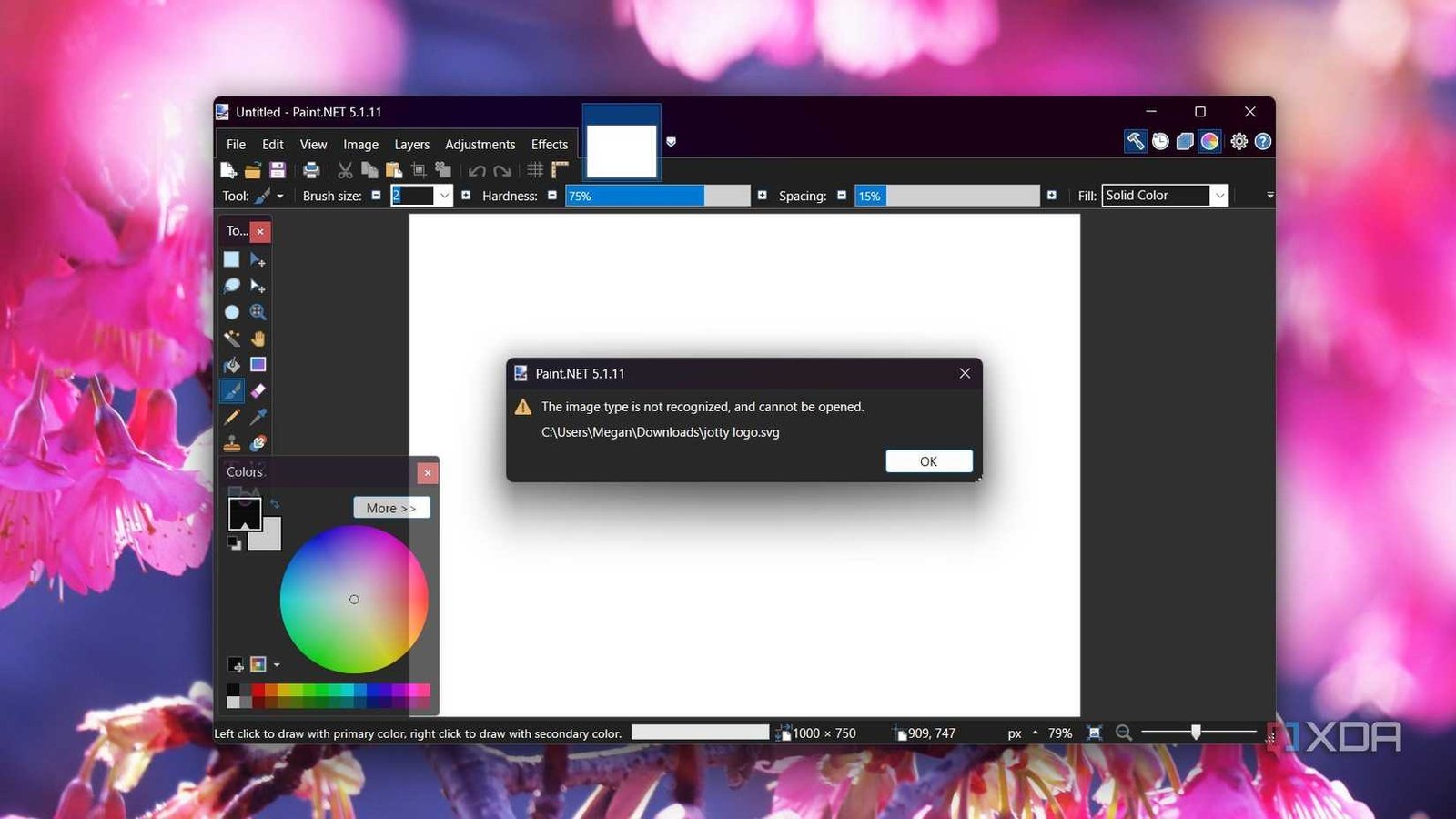 Interface Paint.NET 5.1.11 avec message d'erreur d'ouverture de fichier SVG