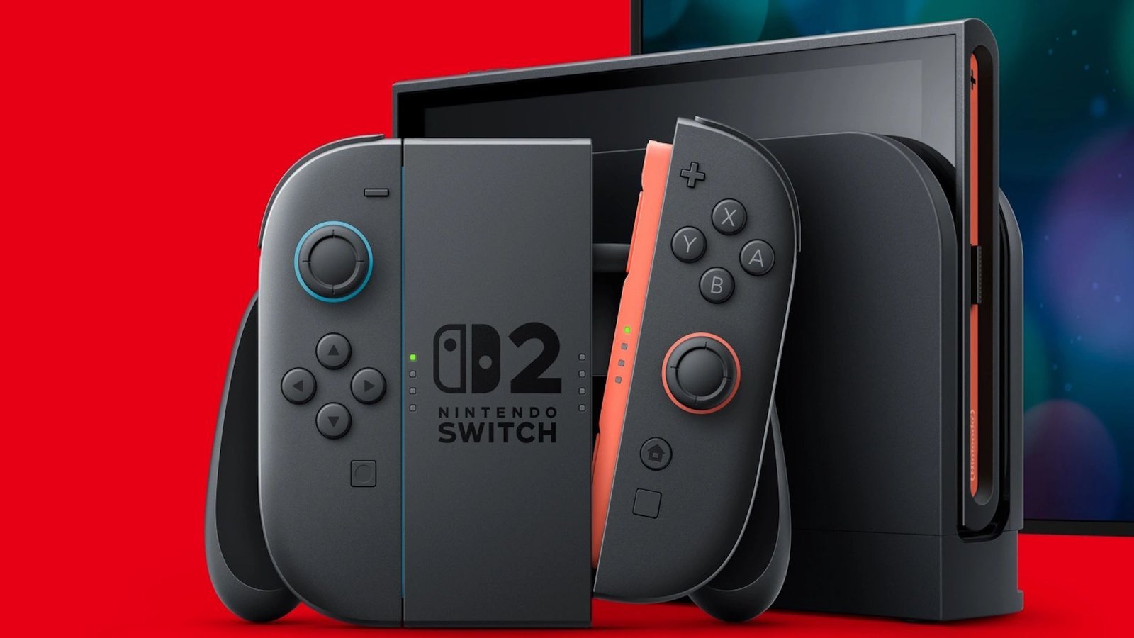 Nintendo Switch 2 avec Joy-Con et dock sur fond rouge