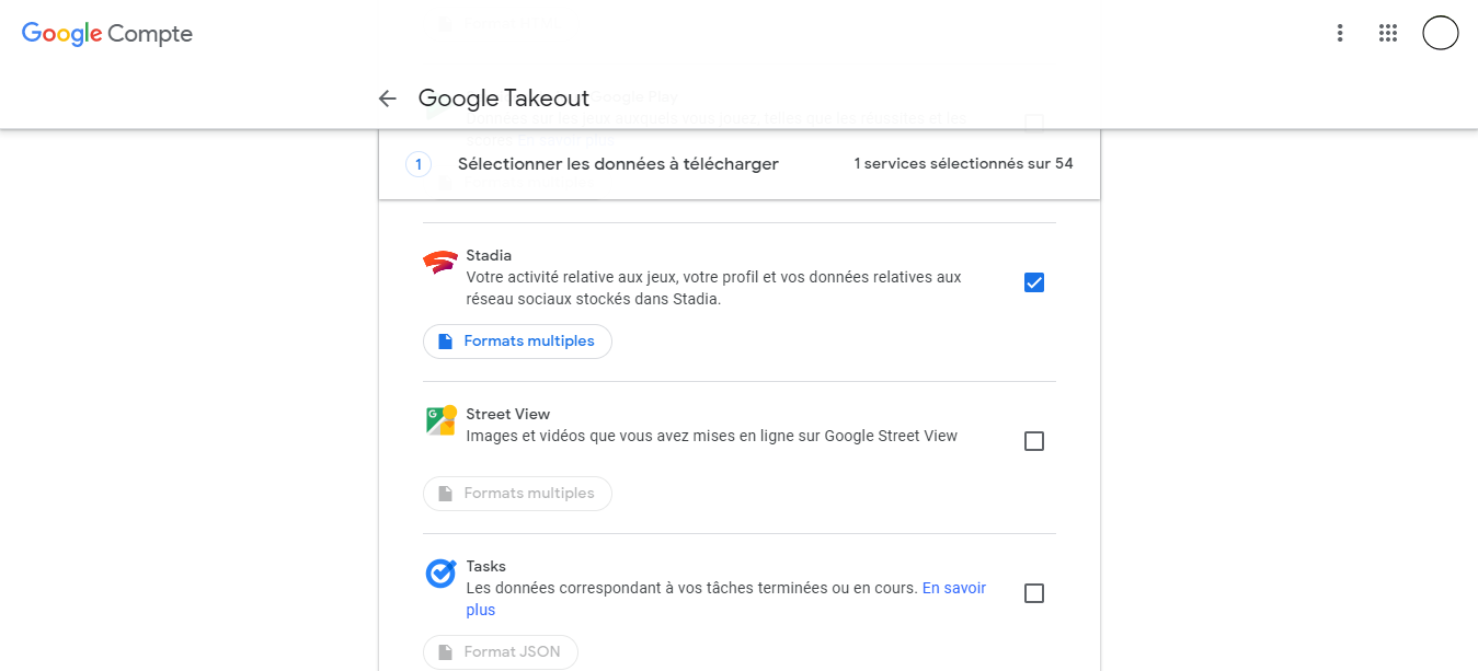 Google Takeout permet de sauvegarder les données de jeux Stadia