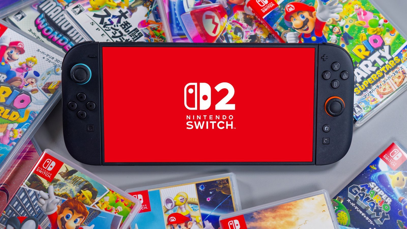 Nintendo Switch 2 avec logo officiel entourée de boîtes de jeux Nintendo