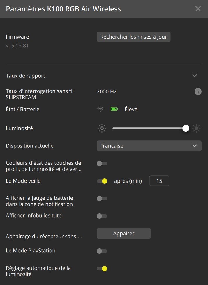 configuration du corsair K100 air
