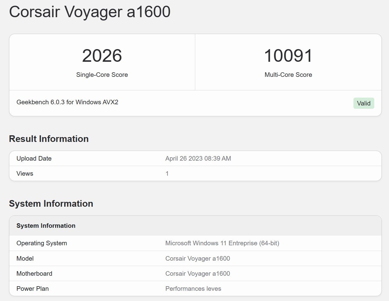geekbench du corsair voyager a1600