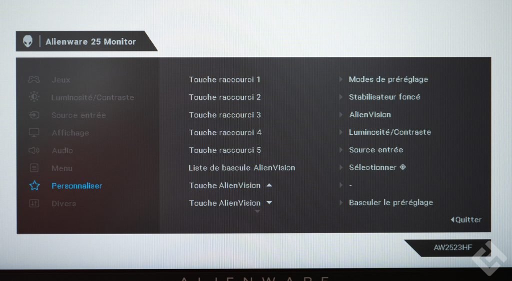 Menu OSD du Alienware AW2523HF
