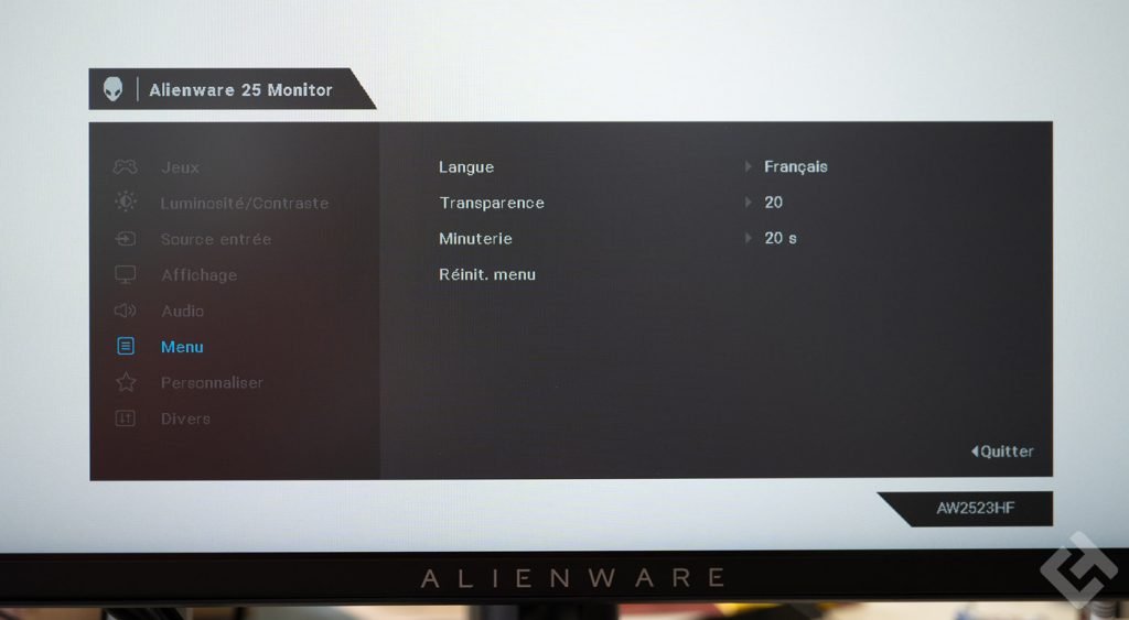 Menu OSD du Alienware AW2523HF