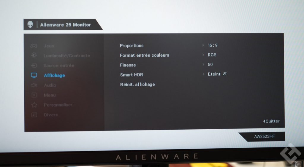 Menu OSD du Alienware AW2523HF