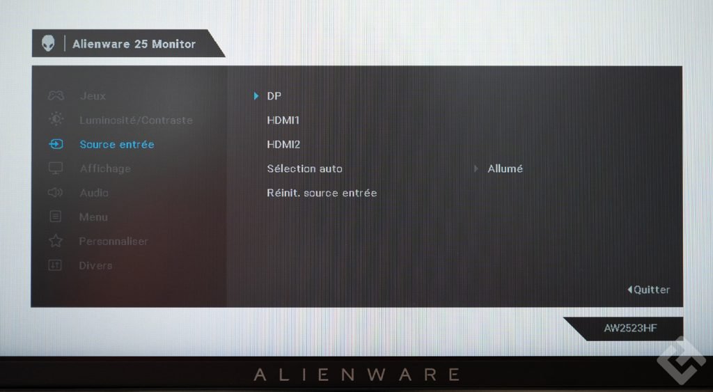 Menu OSD du Alienware AW2523HF