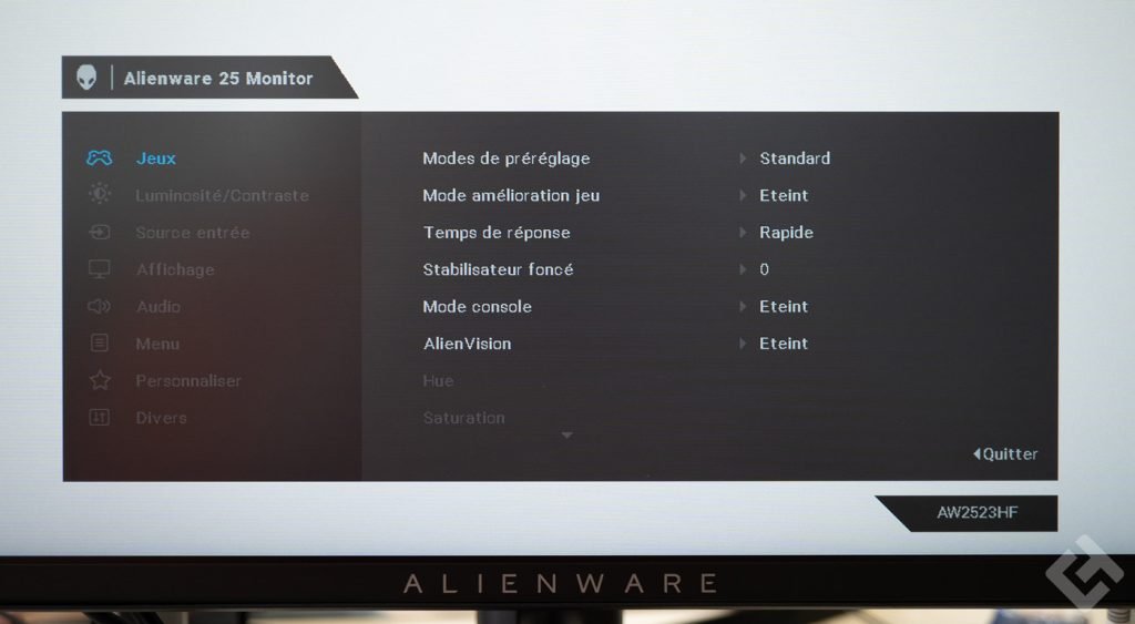 Menu OSD du Alienware AW2523HF