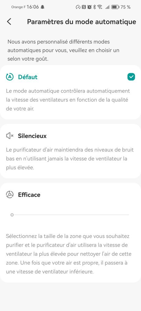 paramètres du mode automatique sur le levoit core 300s