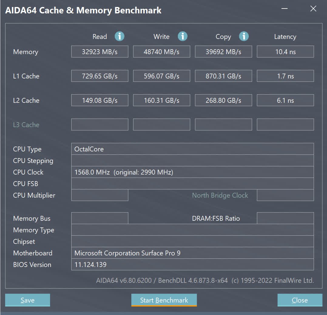Aida64 sur la Microsoft Surface Pro 9