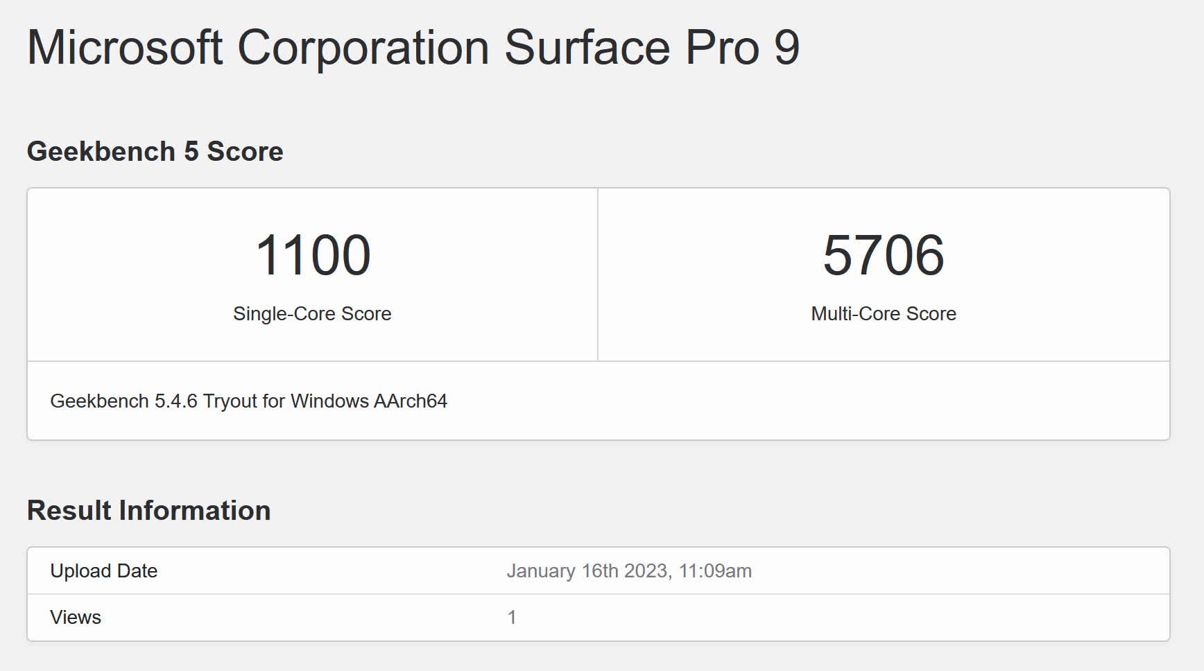 GeekBench 5 Microsoft Surface Pro 9