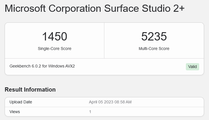 GeekBench 6 Microsoft Surface Studio 2+