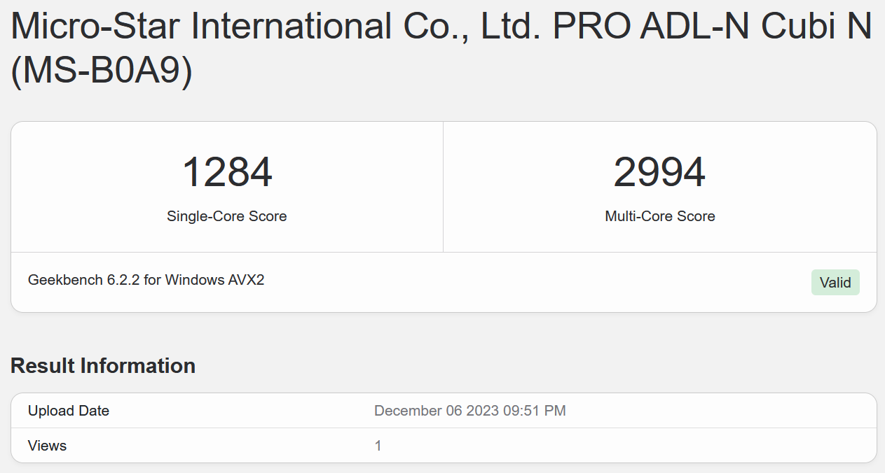 score geekbench du msi cubi n adl