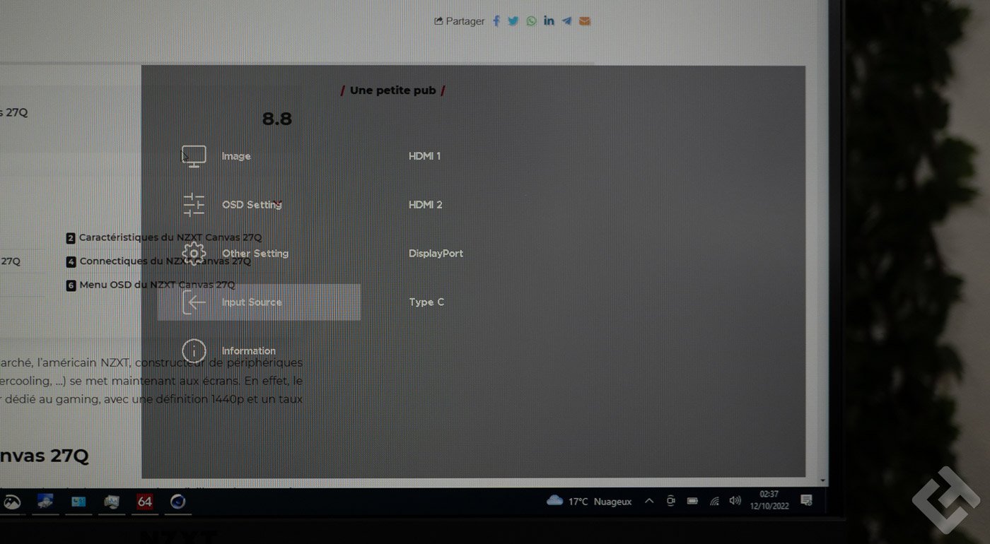 OSd menu du NZXT 27F