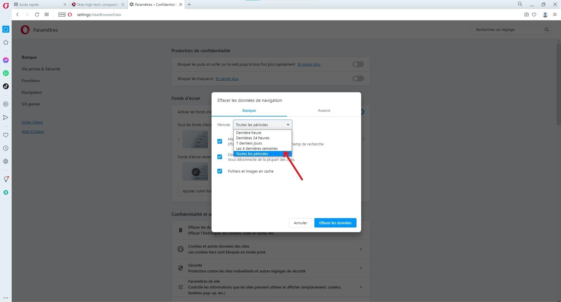 tutoriel pour effacer toutes les données de son historique opera sur Windows