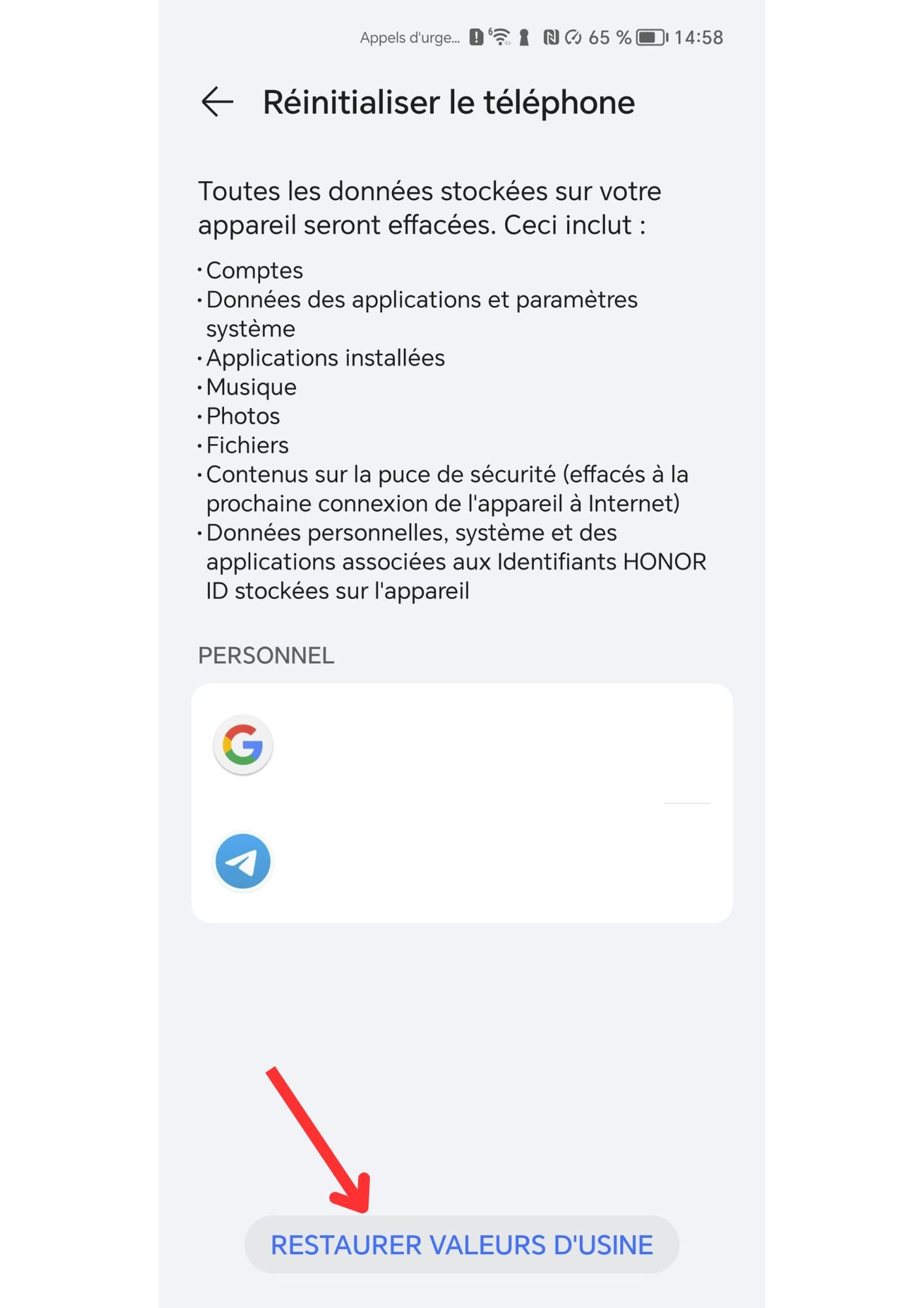 tuto réinitialisation honor