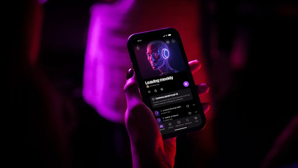 Smartphone affichant l'application Deezer avec un album signalé comme contenu généré par IA