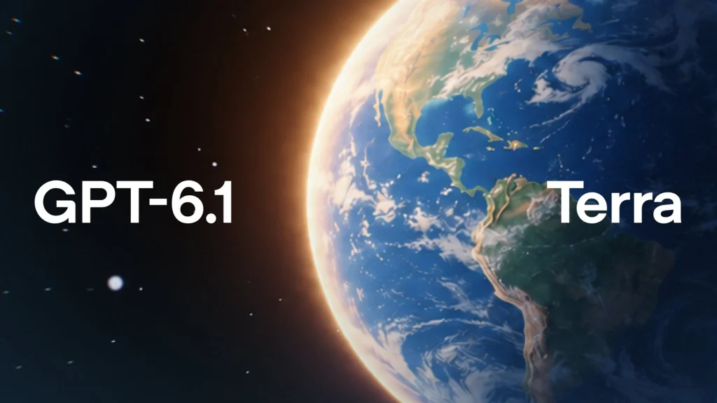 Visuel officiel d'OpenAI pour GPT-6.1 Terra : la Terre vue de l'espace, avec le nom du modèle
