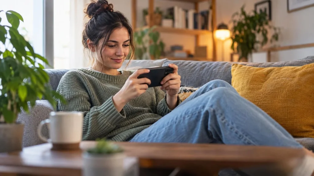 personne qui joue sur son smartphone dans son salon