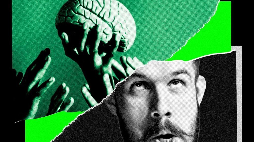 IA et déclin cognitif — cerveau humain convoité par des mains, homme stupéfait