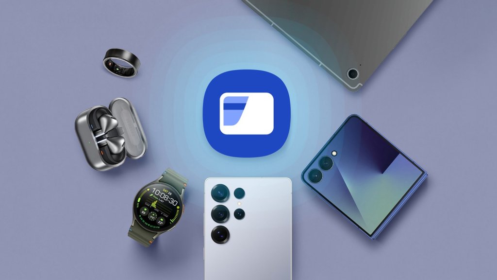 Samsung Wallet logo entouré de produits Galaxy compatibles