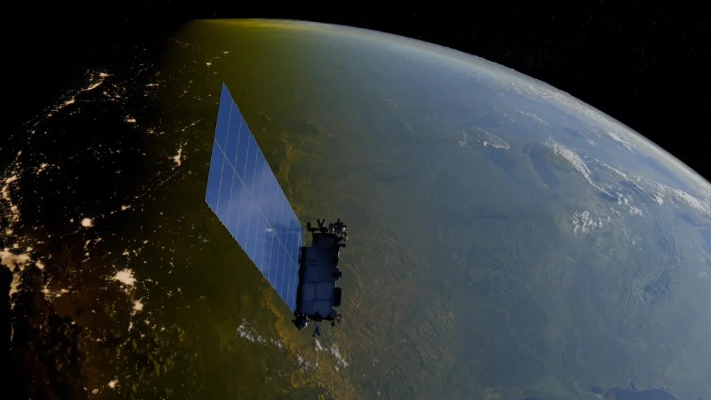 Satellite Starlink en orbite au-dessus de la Terre, panneau solaire déployé, illustration du service de SpaceX