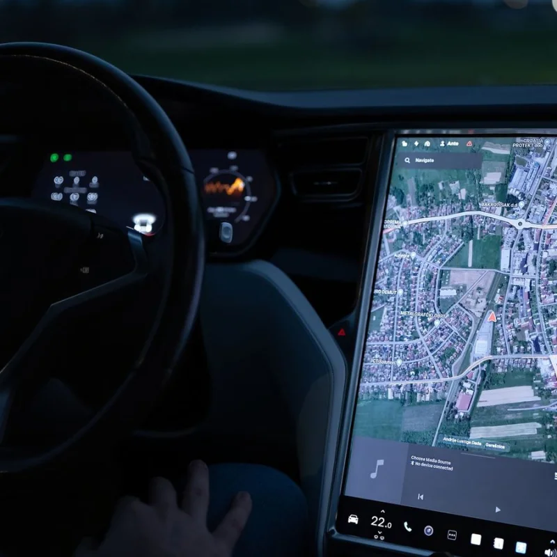 Tesla Assisted Driving : écran tactile de navigation et volant logo Tesla