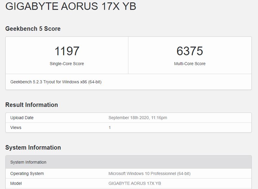 geekbench score aorus 17x