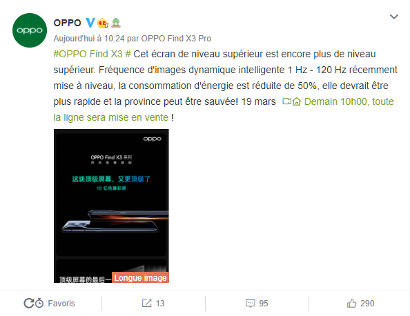 Annonce Oppo sur Weibo