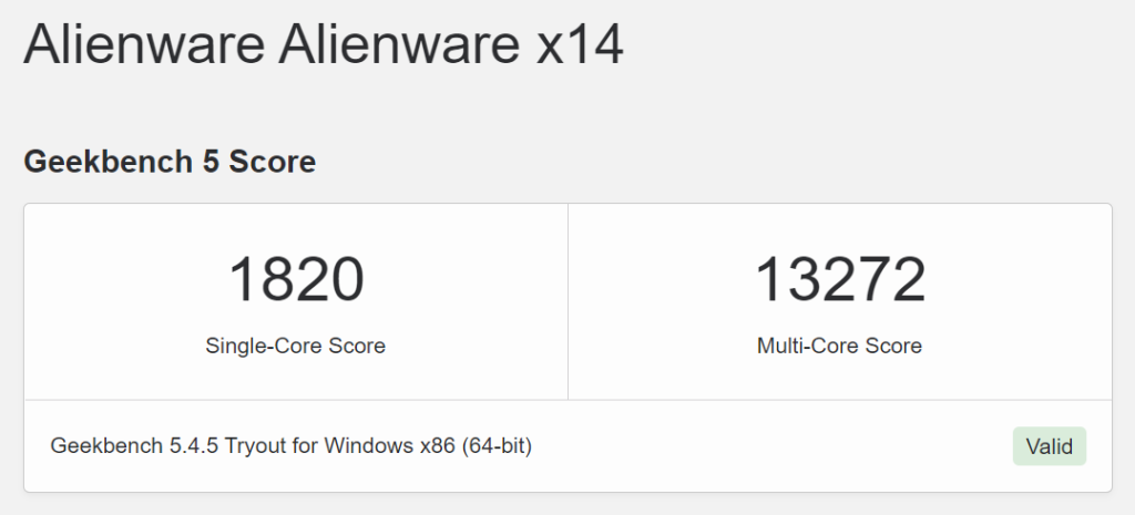GeekBench Alienware X14 BenchMark