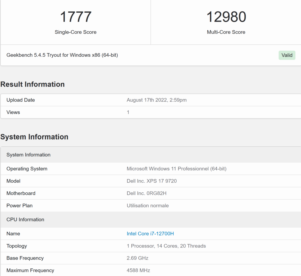 Test Dell XPS 17 9720 Geekbench