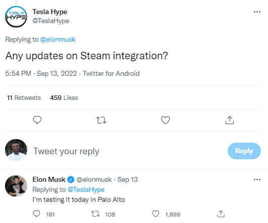 Tweet d'Elon Musk concernant Steam sur les Tesla