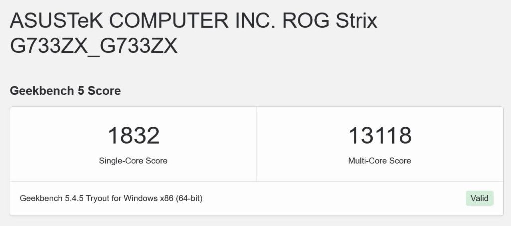 GeekBench sur le Asus Rog Strix Scar 17 G733Z